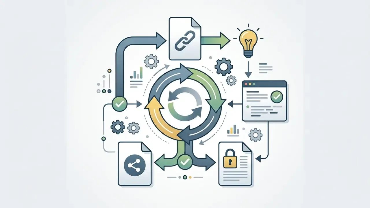 Circular arrows connecting document icons with link, share, and lock symbols to update source references