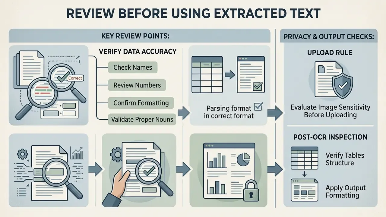 Checklist infographic outlining steps to verify data accuracy, validate formats, and ensure privacy
