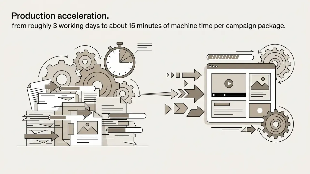 Stacks of documents and gears accelerating into a digital interface to produce marketing assets