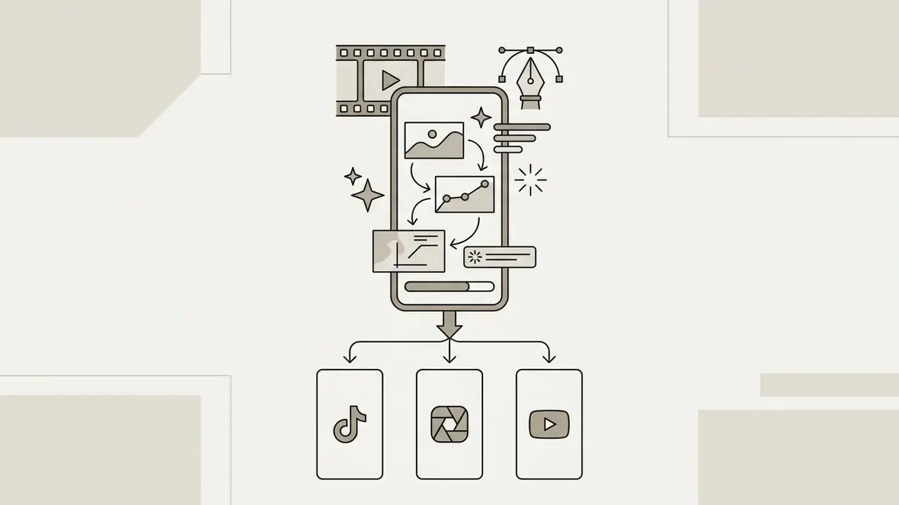 Smartphone editing interface with film and design icons exporting content to social media platforms