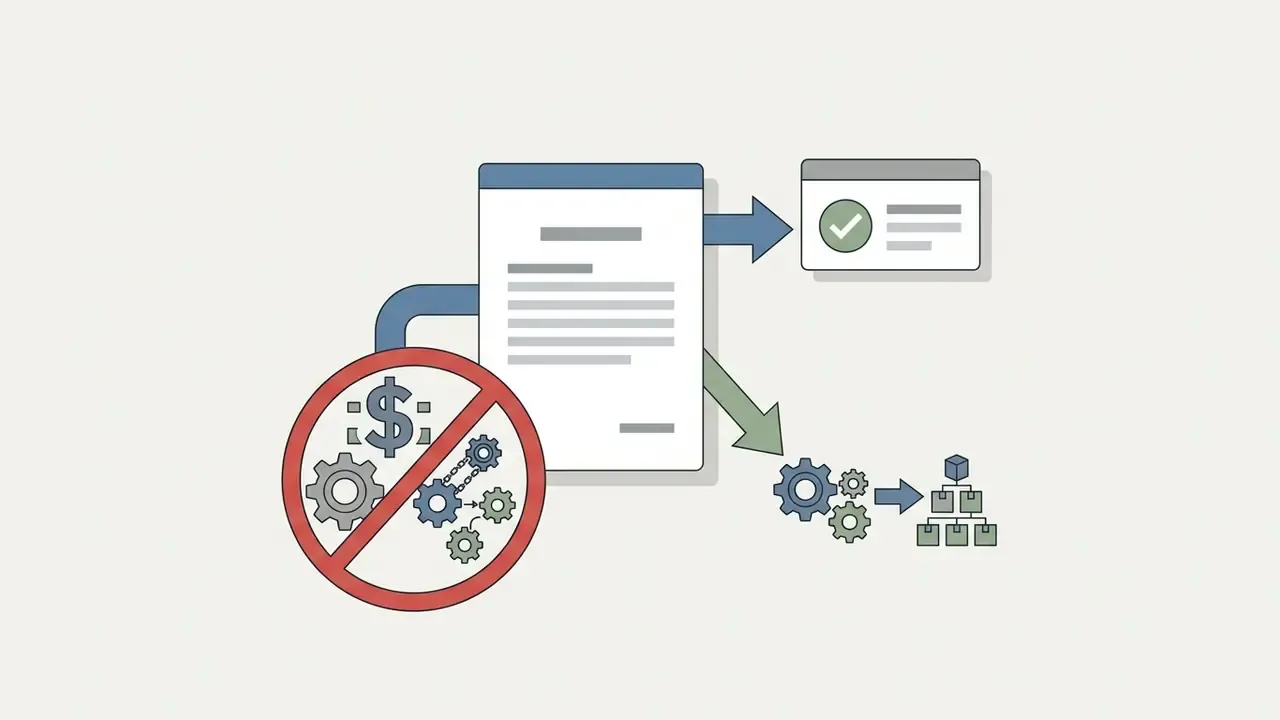 Document icon linked to a prohibited commercial symbol and a process flow for restricted outputs