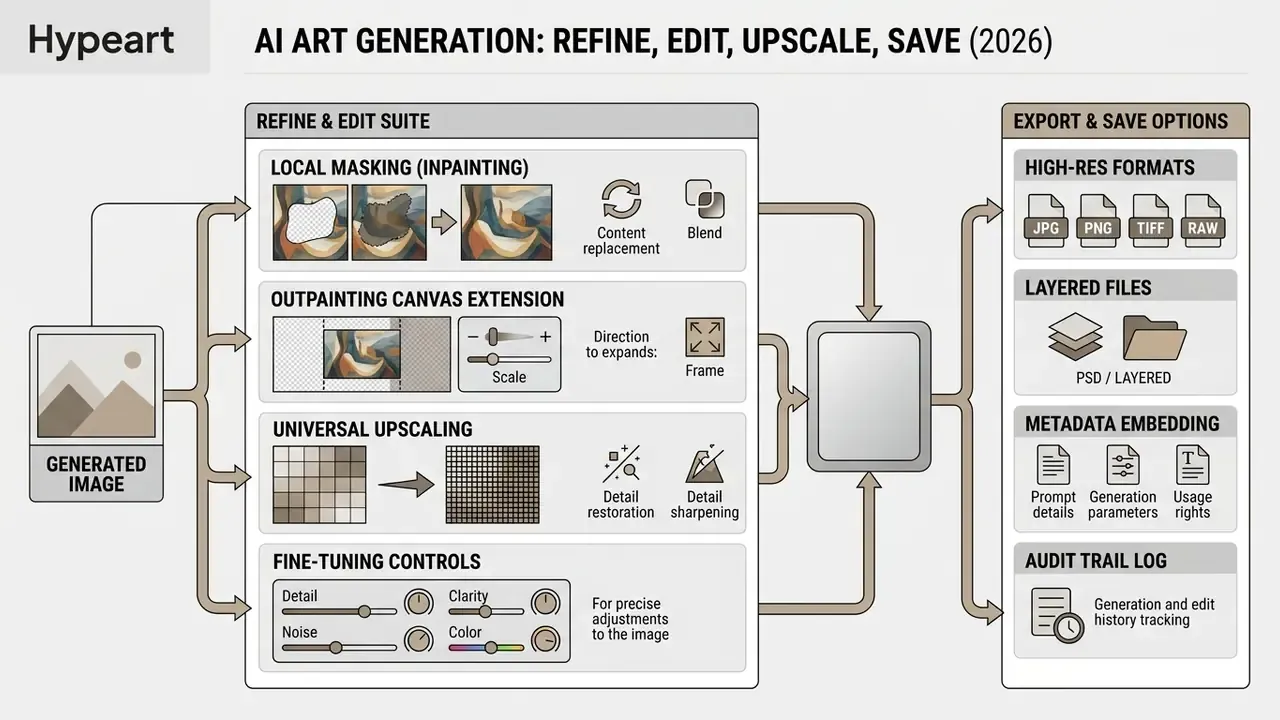 Diagram showing tools for local masking, outpainting, upscaling, and saving AI generated artwork