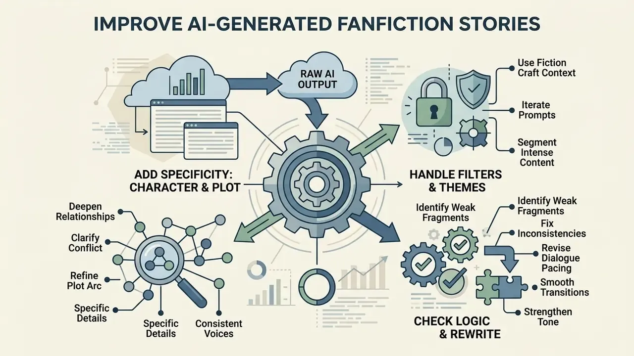 Central gear diagram showing steps to refine narrative structure, handle content filters, and edit text