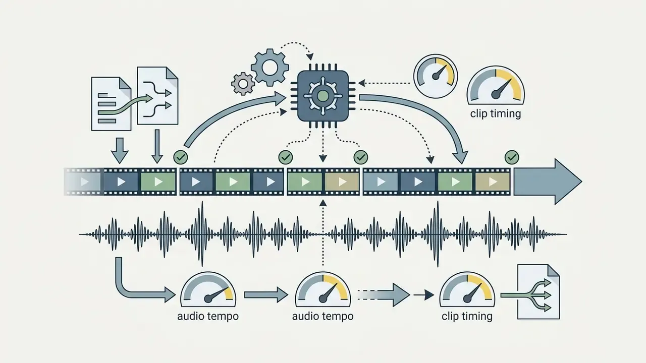 Central processor syncing video clips to audio waveforms and tempo gauges for automated editing