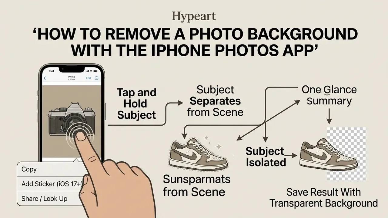 Infographic showing how to tap and hold a subject in the iPhone Photos app to isolate it from the background