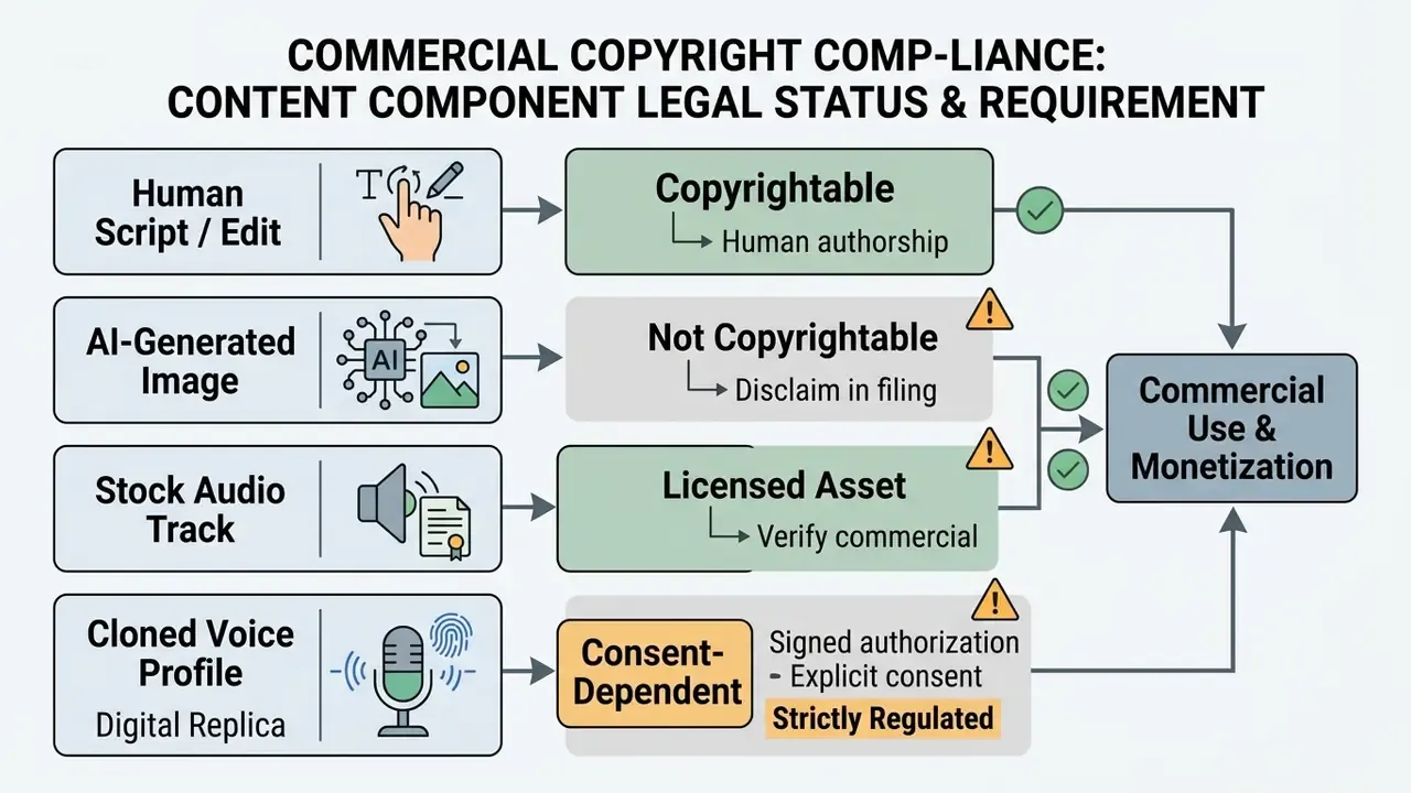 Categorization of media components by legal status and requirements for commercial use and monetization