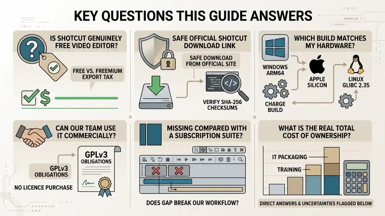 Infographic grid showing six common questions about using the Shotcut video editor software