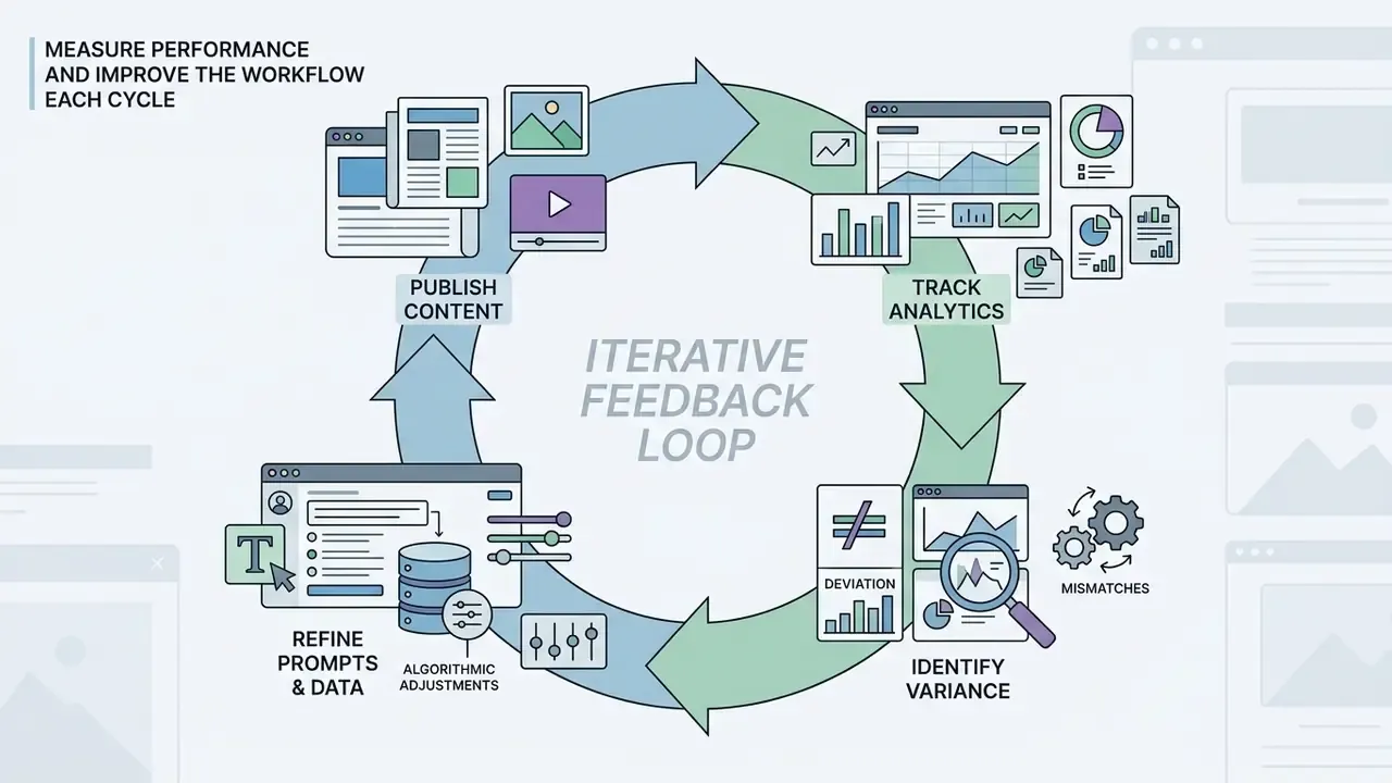 Circular diagram showing a continuous process of publishing content, tracking analytics, and refining data