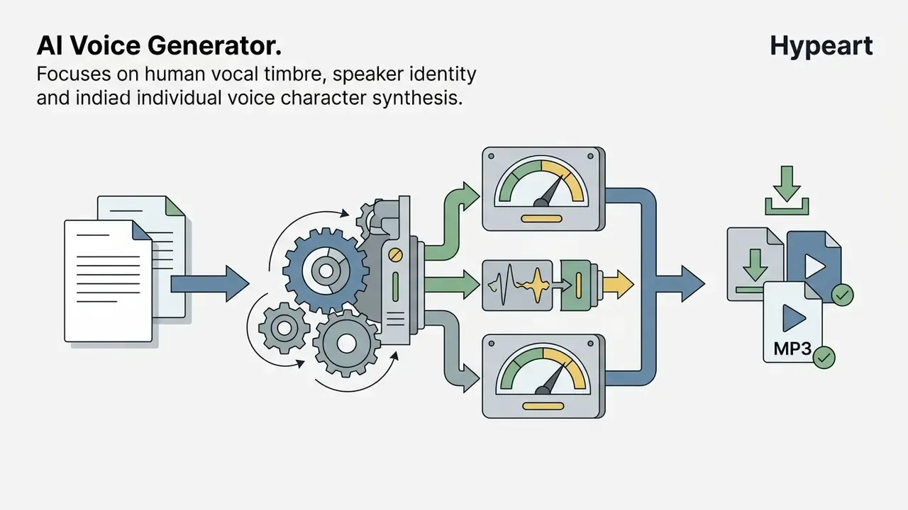 Diagram showing text input processed through gears and gauges to output downloadable audio files