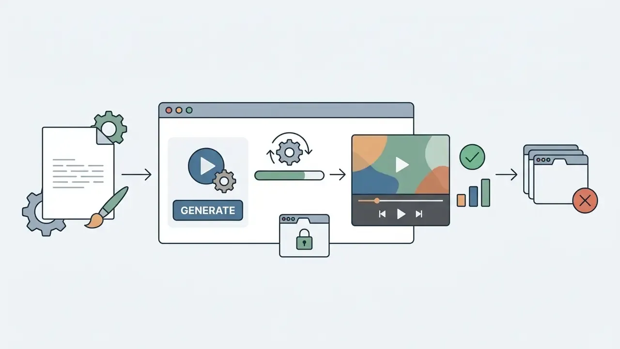 Process showing a document being converted into a video preview with a progress bar and status icons