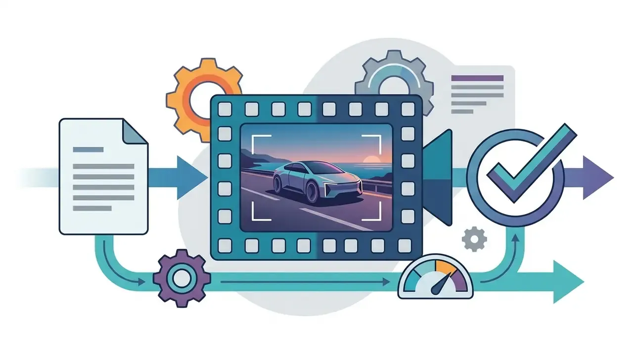 Text prompt document feeding into a film frame showing a car, processed by gears and a validation checkmark