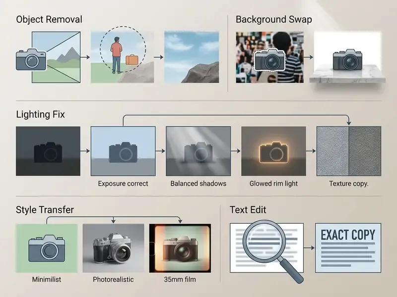 Diagrams illustrating AI image editing tasks like object removal, background swaps, and lighting fixes