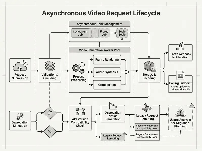 Diagram mapping the technical steps from initial API request submission to final video storage and delivery