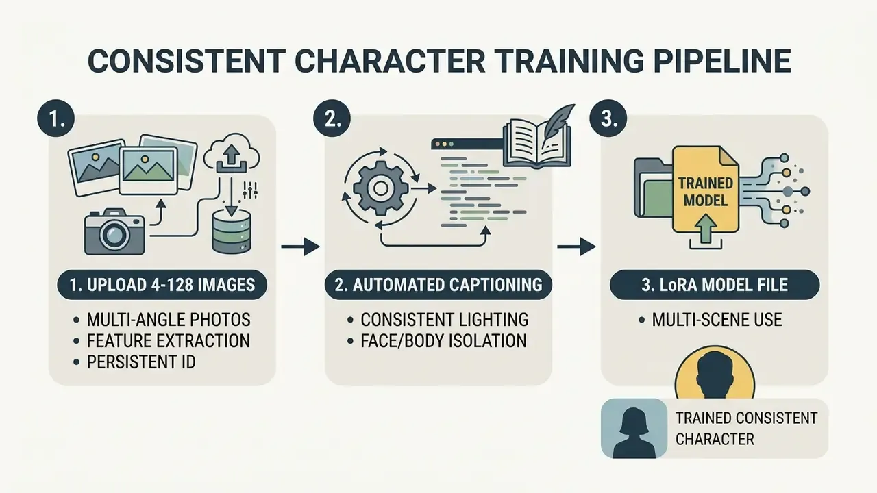 Three-step flowchart illustrating the OpenArt AI pipeline for training a consistent character LoRA model