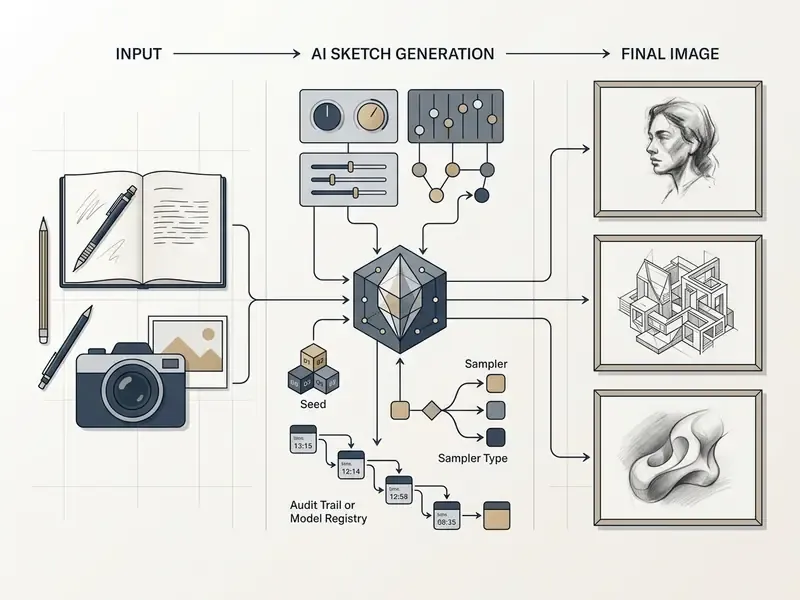Diagram showing input sources, AI sketch generation controls, and resulting final images
