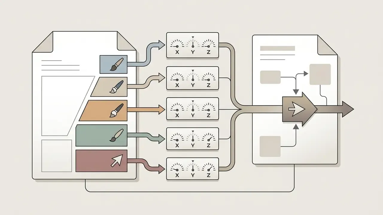 Five brush tools with motion control gauges feeding into a document processing workflow