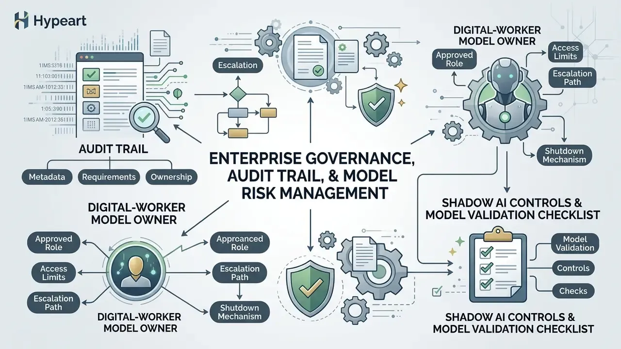 Diagram mapping audit trails, digital worker roles, and validation checklists for corporate oversight
