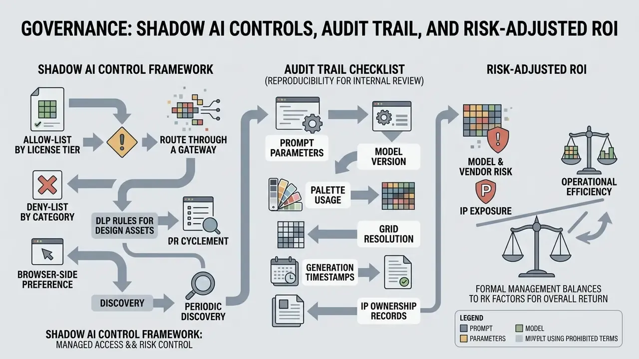 Diagram showing steps for shadow AI controls, audit trails, and balancing risk against operational ROI