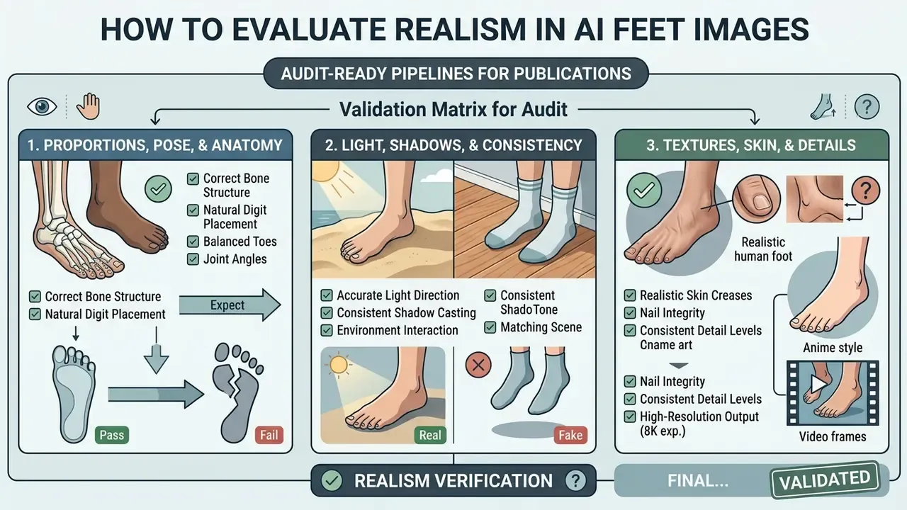 Three-column validation matrix comparing anatomy, lighting, and skin texture for checking foot imagery