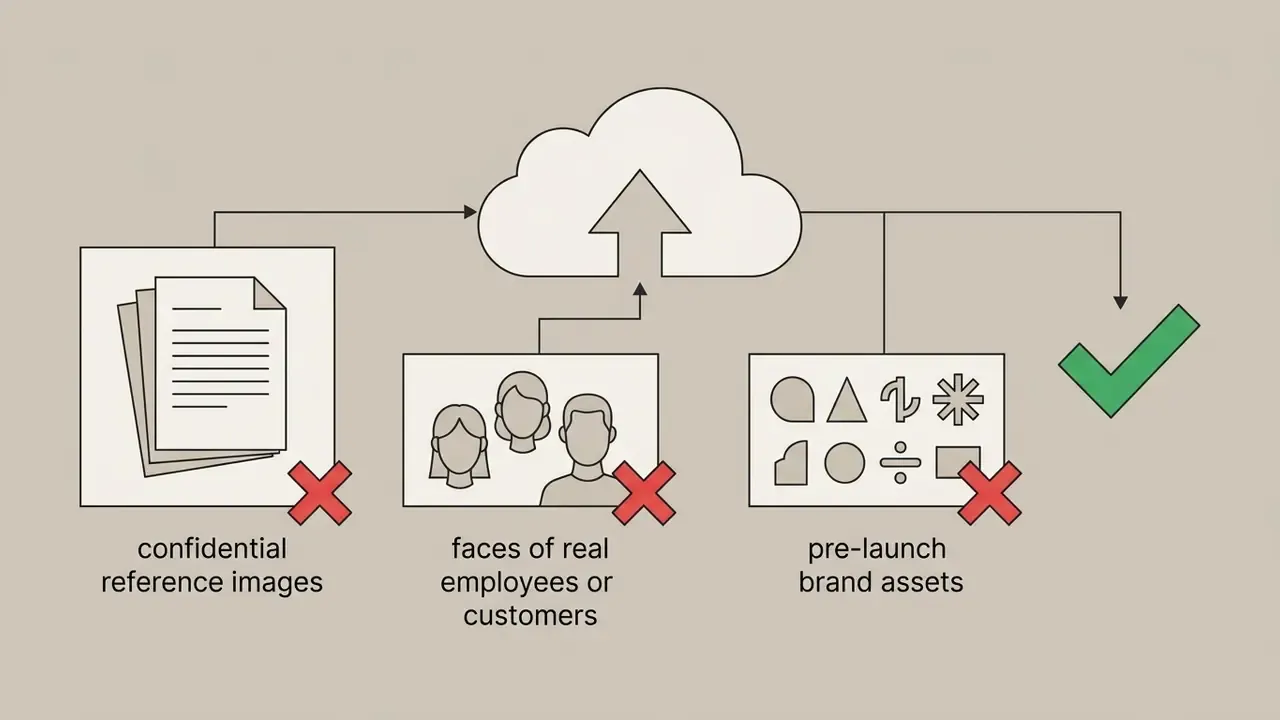 Cloud upload flow showing restricted document, portrait, and brand asset icons marked with red crosses