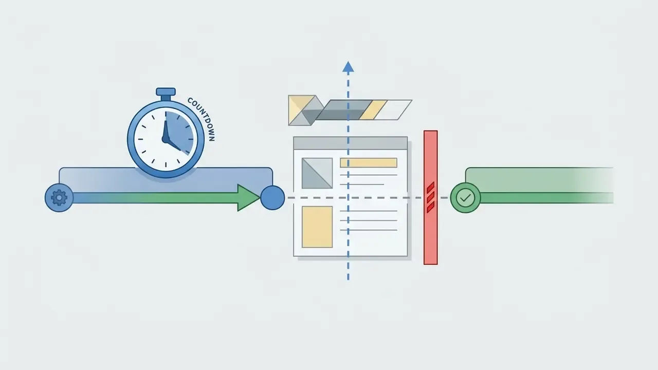 Stopwatch and arrow moving through a document window toward a checkmark for AI video generation planning