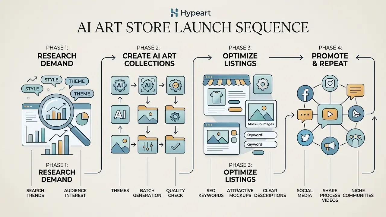 Four-step sequence for how to sell AI art online, from researching demand to promoting on social media