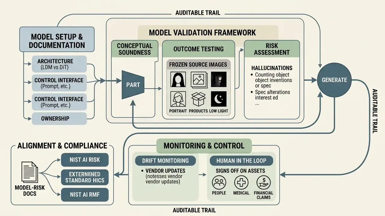 Flowchart outlining a governance framework for video generation models with validation and risk steps