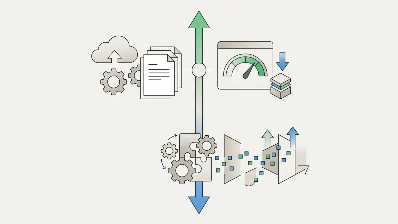 Cloud documents and gears processing data through a performance gauge into automated software modules