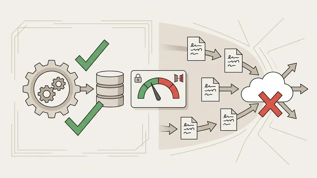 Gear and database icons with checkmarks transitioning to a blocked cloud icon for document routing