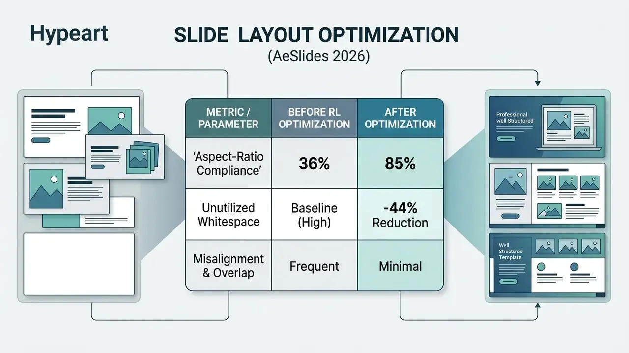 Comparison table displaying metrics for slide layout improvements before and after reinforcement learning