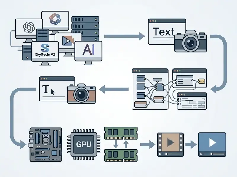 Step-by-step flowchart showing an open source AI video generator pipeline from model selection to export