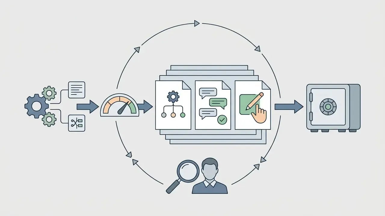 Gear and data inputs flowing through a gauge into a document register for storage in a secure vault
