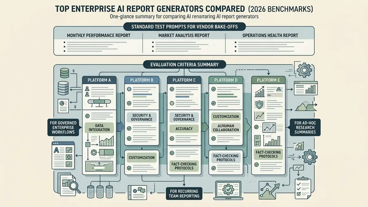 Infographic showing evaluation criteria for five distinct software platforms with varied feature sets