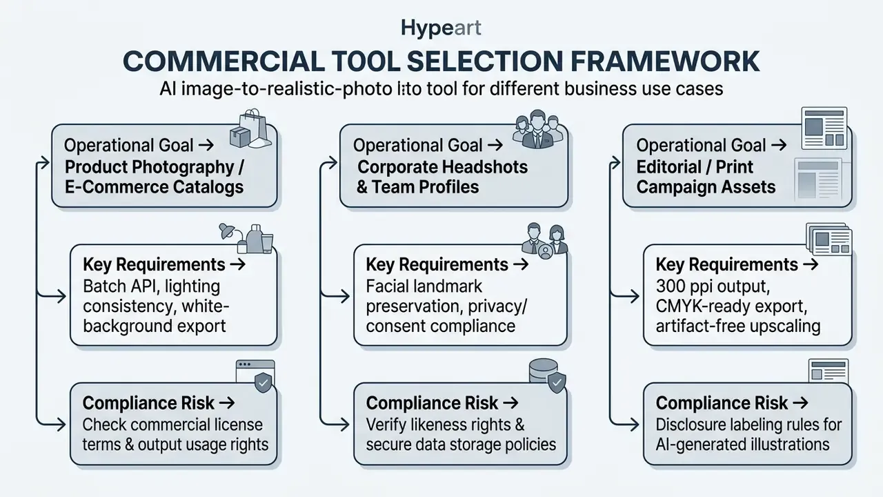 Decision matrix outlining operational goals, requirements, and compliance risks for commercial AI tools