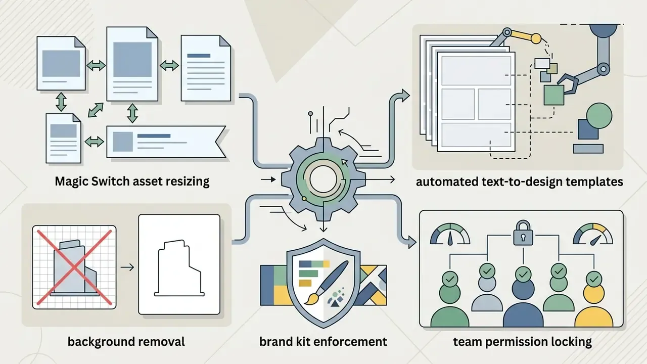 Asset resizing and design tools feed into a gear system that outputs team permissions and brand controls