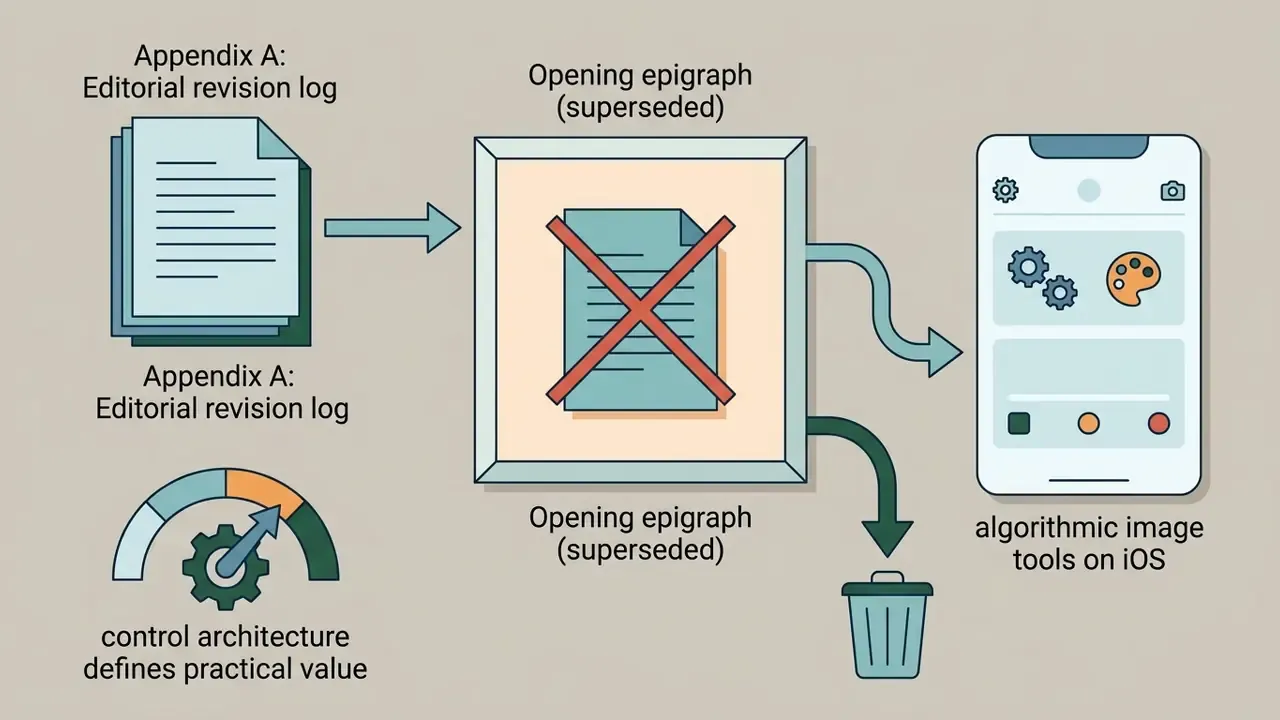 Document flow showing removal of an epigraph and transition to algorithmic image tools on iOS