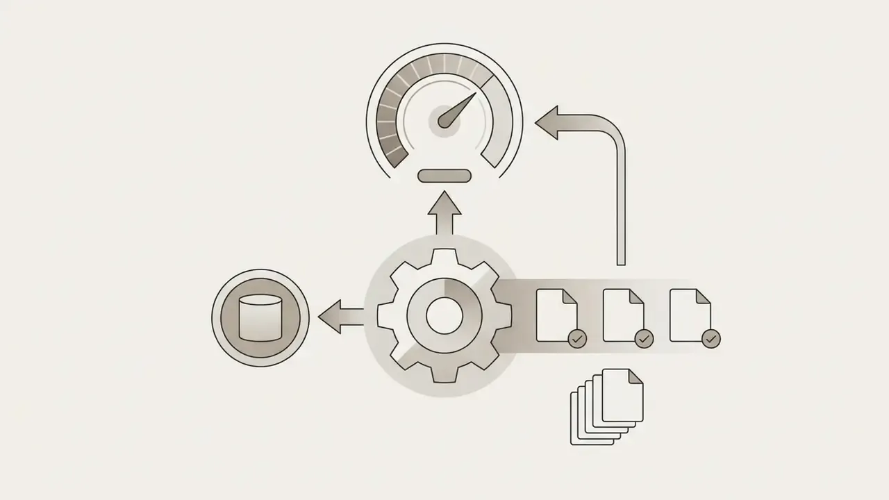 Central gear mechanism processing documents into a gauge with a feedback loop arrow