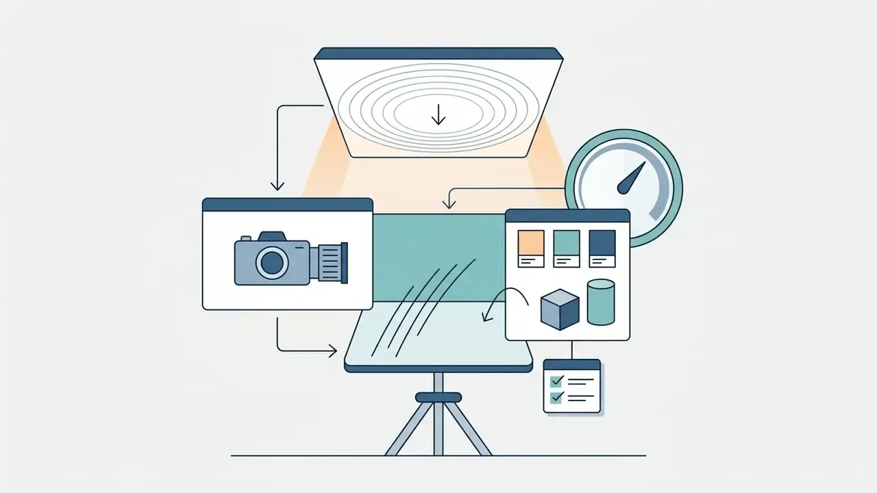 Studio lighting setup icons connecting camera settings and color palettes to a central product display