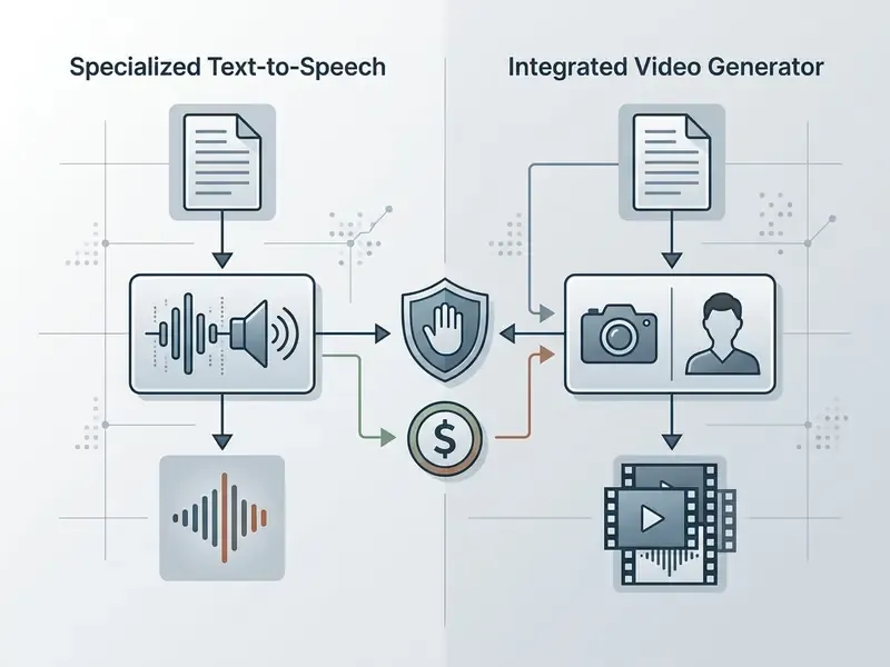 Flowchart contrasting specialized speech synthesis workflows with integrated video production pipelines