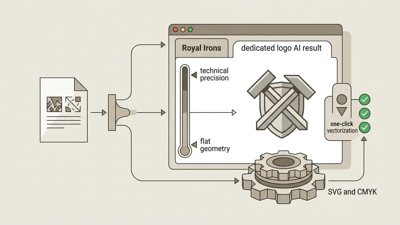 Workflow showing a prompt processed by a dedicated logo AI to produce a flat vector shield design