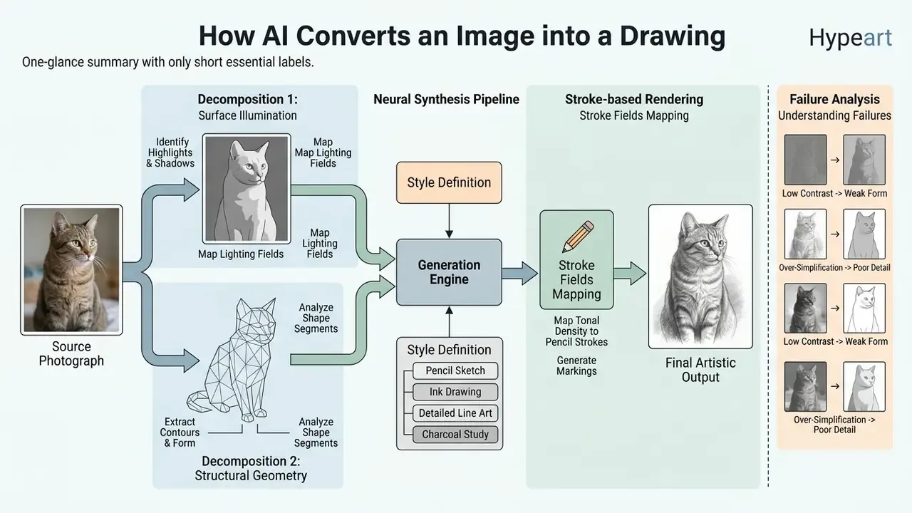 Diagram showing a photo to sketch AI pipeline that decomposes images into illumination and geometry