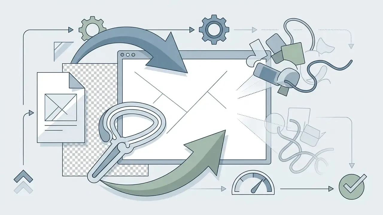 Digital workspace showing a magnifying glass removing unwanted clutter from a central image frame