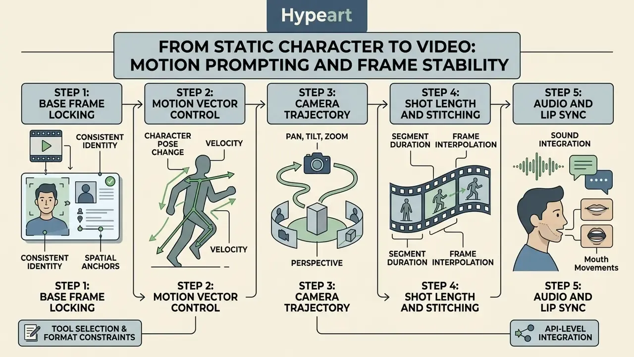Five step sequential workflow diagram outlining techniques for animating static character designs