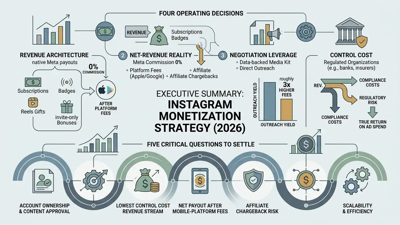 Flowchart outlining four operating decisions and five critical questions for an Instagram monetization strategy