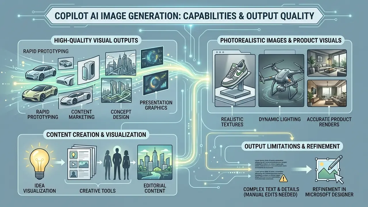 Infographic summarizing Copilot AI image generation capabilities, visual outputs, and refinement needs