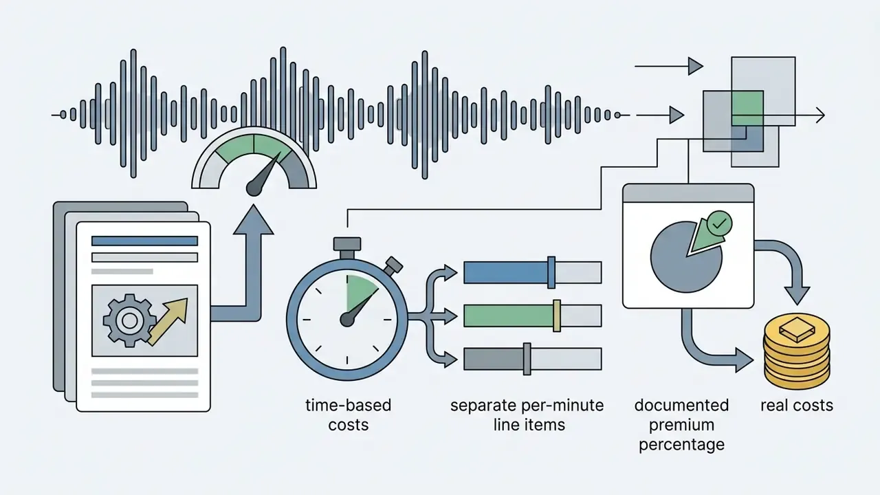 Audio waveform data flowing into a timer and pie chart to calculate AI video pricing and credit costs