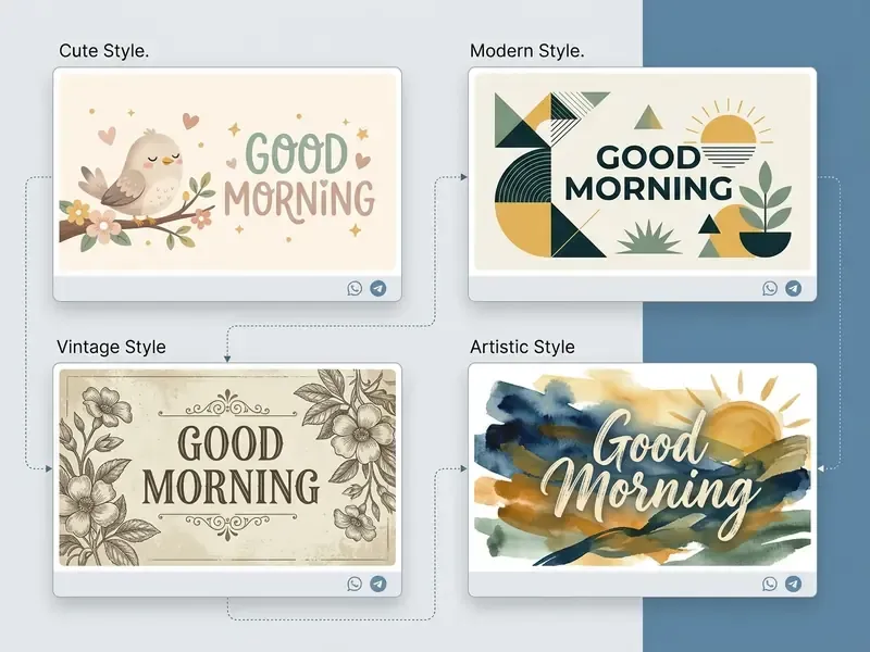 Four distinct good morning AI images displayed in a grid with connecting flow lines