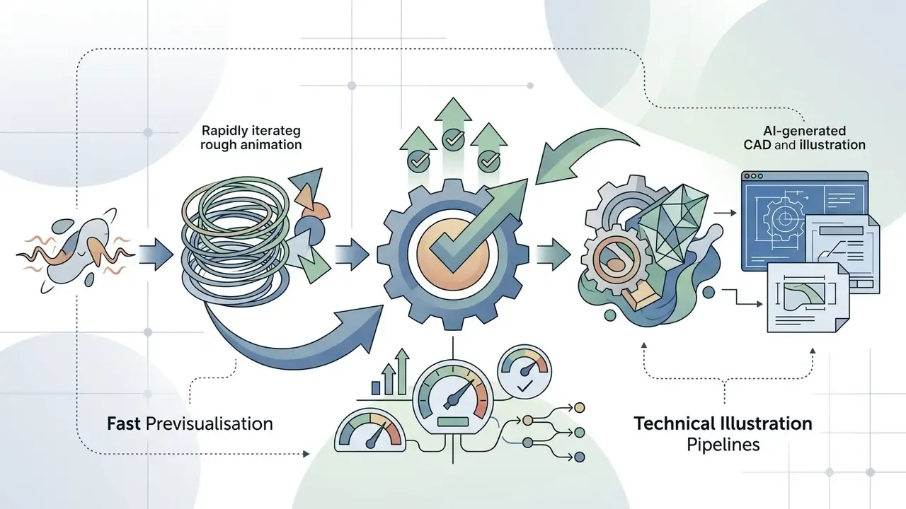 Rough animation assets feeding into a gear mechanism that outputs technical CAD and illustration files