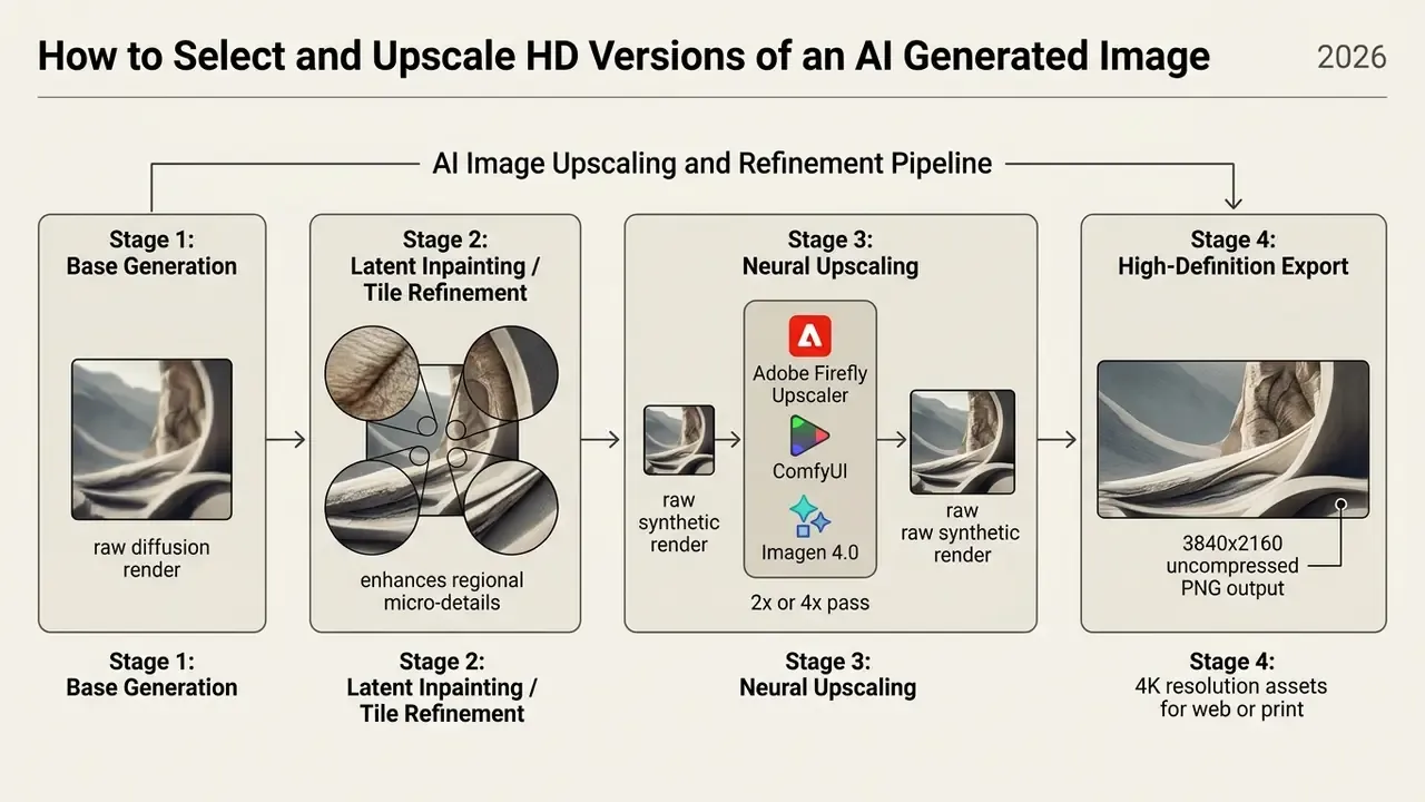 Four-stage technical flowchart detailing the process of refining and upscaling raw AI renders to 4K output
