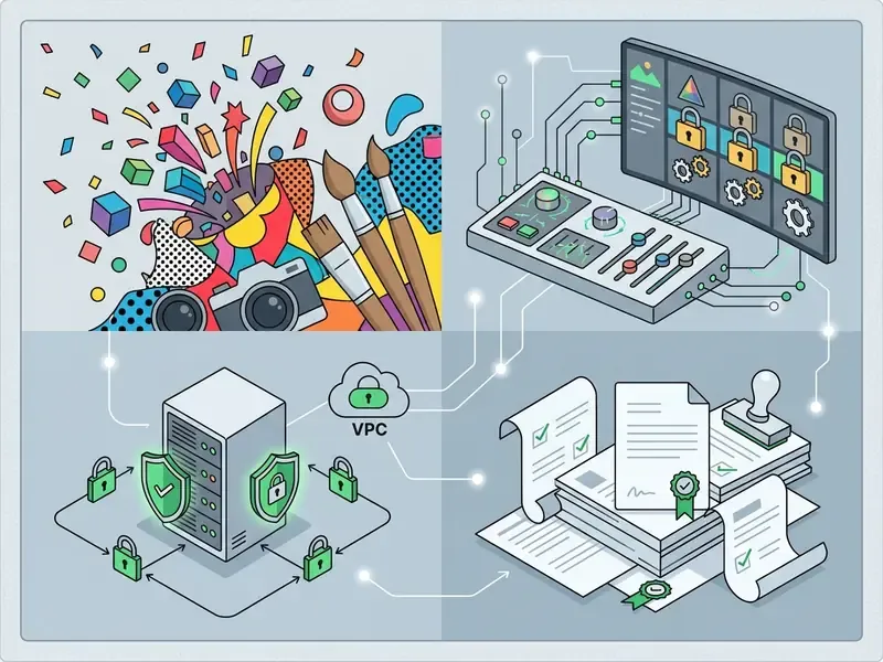 Four quadrants showing artistic tools, a digital control panel, a secure server, and verified documents